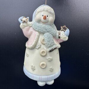 Formalities Ceramic Snowman Bell Ornament Dangling Feet Gold Stars Christmas